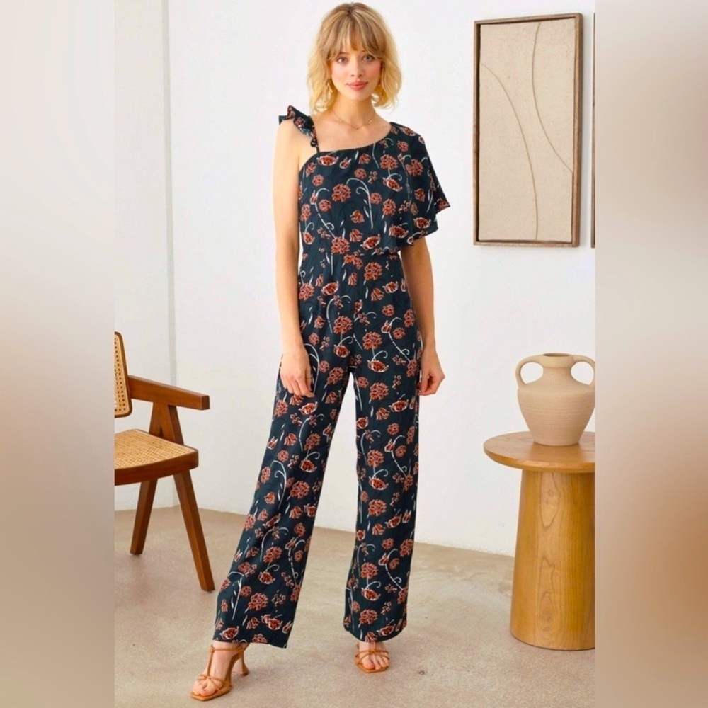 Stella Cruz Floral Ruffle Strap Wide Leg Side Zipper Jumpsuit